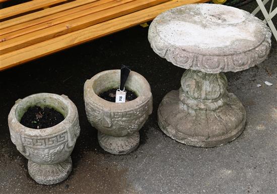 Stone garden plant stand & 2 urns(-)